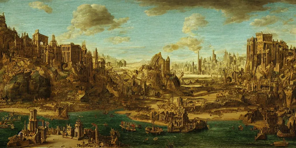Prompt: illustration, concept illustration, a single giant ancient linear city on a single bridge, giant continent bridge city build over the ocean in a straight line, huge support buttresses, fading to the horizon, 1632 oil painting by Claude de Jongh