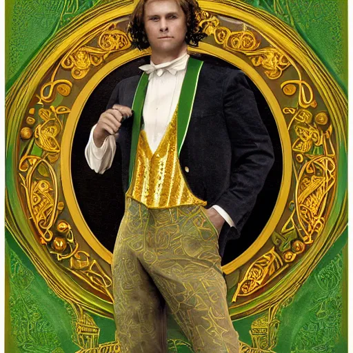 Image similar to stunning, breathtaking, awe-inspiring award-winning concept art nouveau painting of a well dressed bard wearing a green vest with intricate gold patterns surrounded by musical notes made of light energy, by John Avon, extremely moody lighting, glowing light and shadow, atmospheric, cinematic, 8K