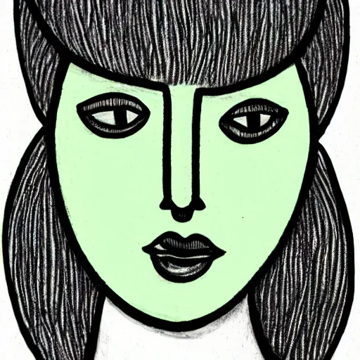 Prompt: hand - drawn minimalistic line portrait of woman with round face, short nose, small round eyebrows, wide lips and kind green eyes with cannabis leaf inside, black and white, pictogram, ink, pencil