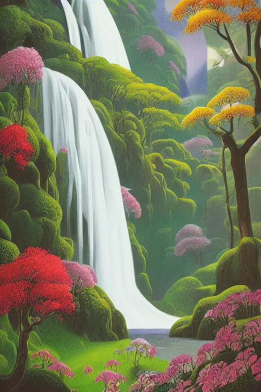 Image similar to hanging garden, waterfalls, blooming hills with spring flowers and pillars by helen lundeberg