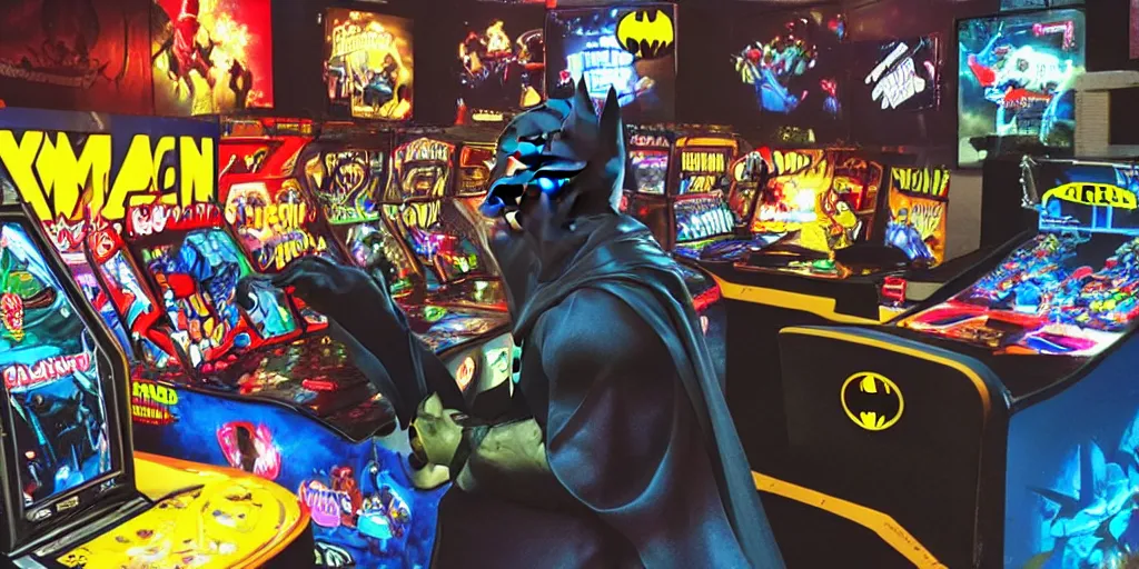 Prompt: batman playing arcade, rage quitting, photo