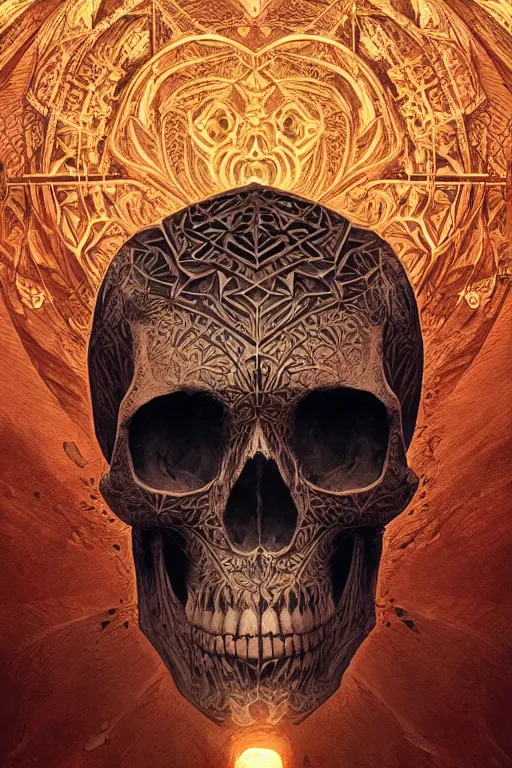 Image similar to concept art skull, the skull is decorated with art deco patterns, close - up portrait, powerfull, intricate, elegant, volumetric lighting, scenery, digital painting, highly detailed, artstation, sharp focus, illustration, concept art, ruan jia, steve mccurry