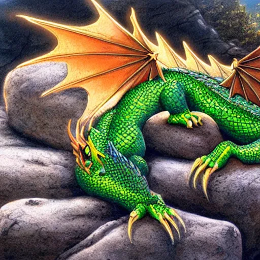 Image similar to an illustration of a western style green dragon sleeping on a rock, beautiful vivid emotional painting