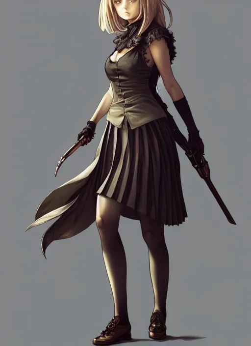 Image similar to portrait of a full body of beautiful young female detective, d & d, sleeveless turtleneck, pleated skirt, fantasy, flat lighting, intricate, highly detailed, digital painting, artstation, concept art, smooth, sharp focus, illustration, misa amane, art by simon bisley and greg rutkowski and alphonse mucha, natural tpose