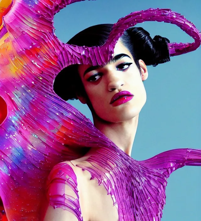 Image similar to la la land unseen film scene starring seductive sofia boutella dancing and dressed by an organic looking dress from designer * iris van herpen *, with stylish colorfull makeup. intriguing soft back lighting, geisha tattoo, highly detailed, skin grain detail, photography by paolo roversi, nick knight, helmut newton, avedon, araki