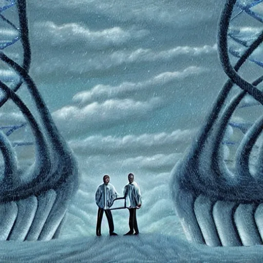 Image similar to in a field, two scientists in lab coats encounter a monster shaped like the DNA double helix, stormy weather, by Rob Gonsalves