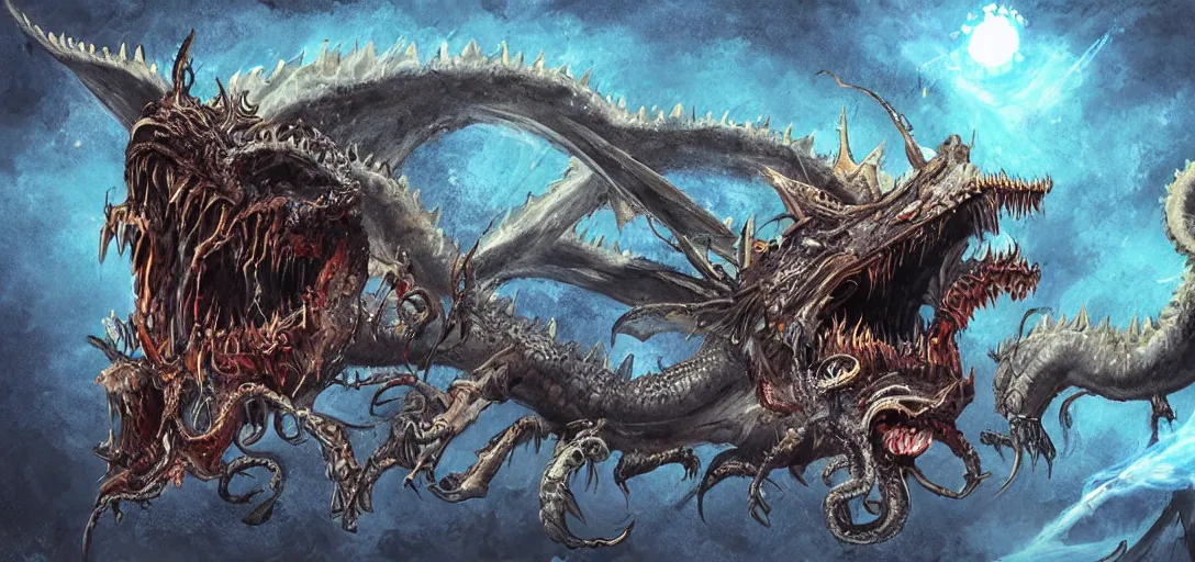 Image similar to concept art of dragon attack, lovecraftian, lots of teeth, melting horror, feathers, fighting the horrors of the unknown with laser guns