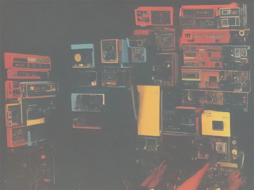 Image similar to 1980s polaroid colour flash photograph of a man made of 80s modular synthesizers