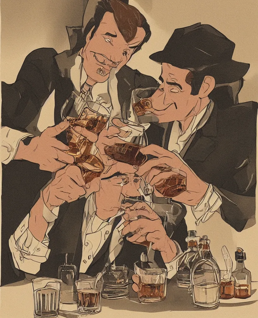 Prompt: man drinking whiskey on birthday, highly detailed 2 d illustration in matte colors, artwork by disney studio