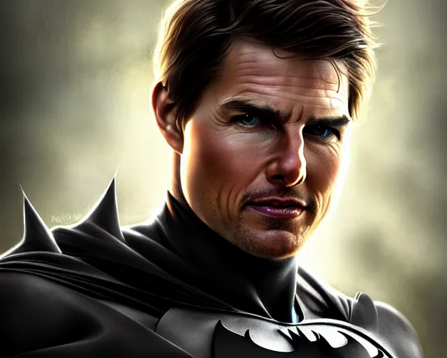 Prompt: photography of tom cruise as batman, deep focus, d & d, fantasy, intricate, elegant, highly detailed, digital painting, artstation, concept art, matte, sharp focus, illustration, hearthstone, art by artgerm and greg rutkowski and alphonse mucha