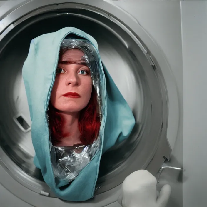 Image similar to a woman wearing a hood made of wire and plastic, in a laundry mat, color photograph, by john currin, canon eos c 3 0 0, ƒ 1. 8, 3 5 mm, 8 k, medium - format print