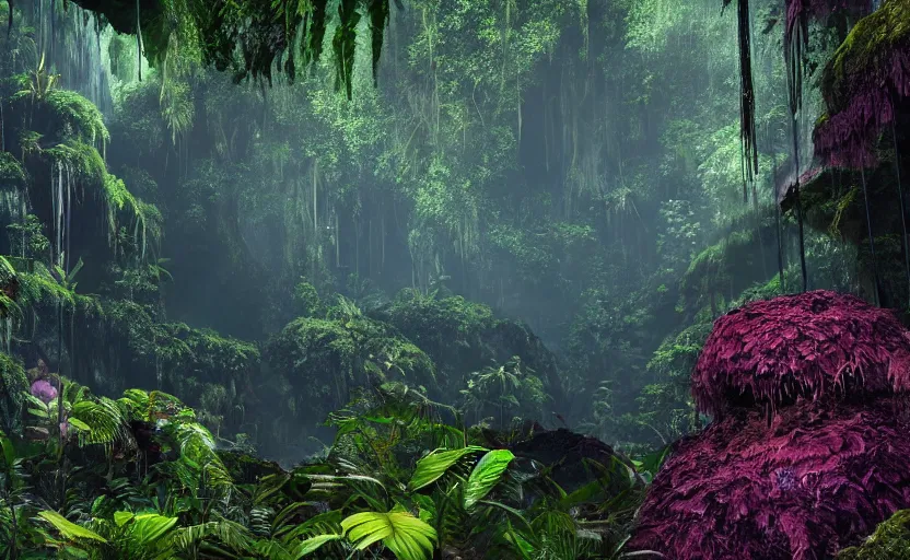 Image similar to a beautiful render of a dark prehistoric rainforest in a humongous cave, lush flora, patches of sky, magenta, green, sunset, floating mountains and a waterfall in the background, intricate detail, hazy, humid, volumetric lighting, 8 k, photorealistic, raytracing effects, unreal engine 5