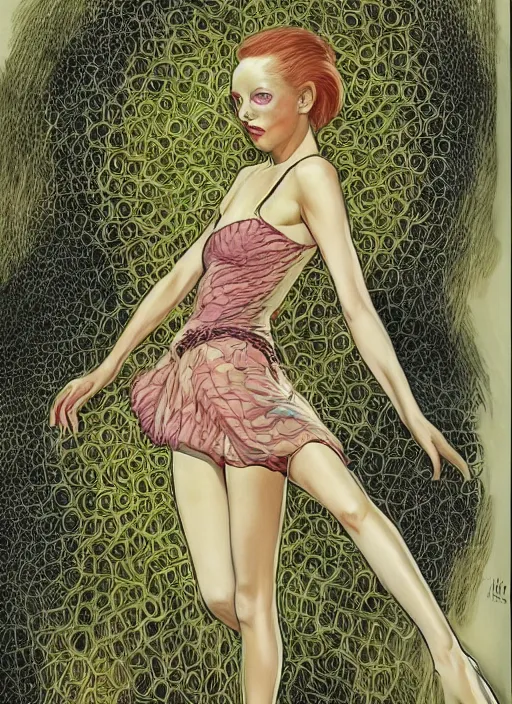 Image similar to surrealism psychedelic full body portrait sketch of lily cole as delirium of the endless in fishnet top and tutu skirt from the sandman, by alex ross, josh kirby, detailed, elegant, intricate