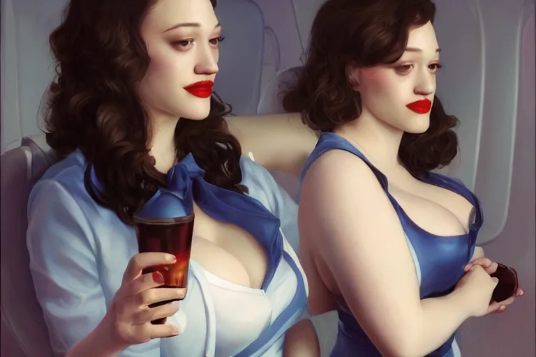 Prompt: A portrait of a Kat Dennings as a seductive flight attendant serving drinks on a plane Ruan Jia and Mandy Jurgens and Artgerm and william-adolphe bouguerea, highly detailed, trending on artstation, award winning, H 768