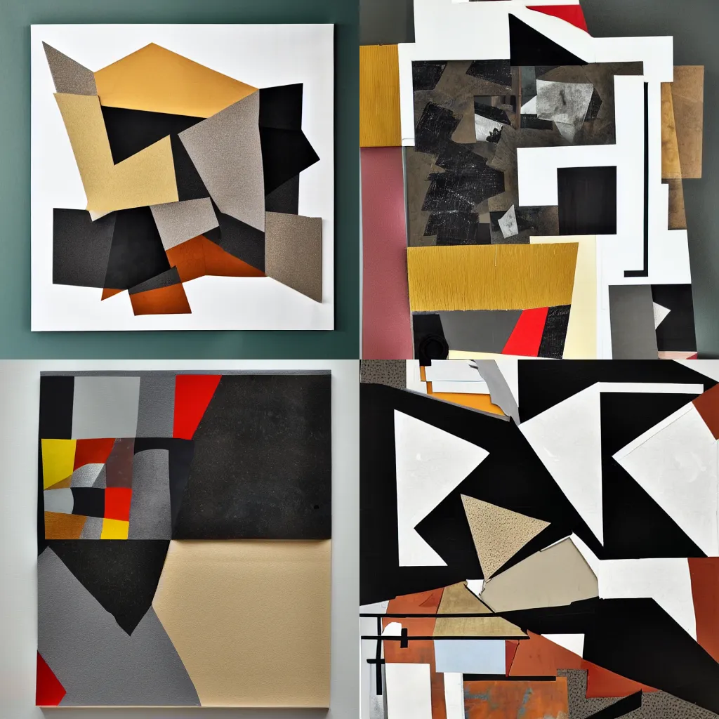 Prompt: an abstract painting of a living room, a paper collage made of torn black and white photos, magazine cut outs and block color shapes, abstraction of block shapes, earth tones