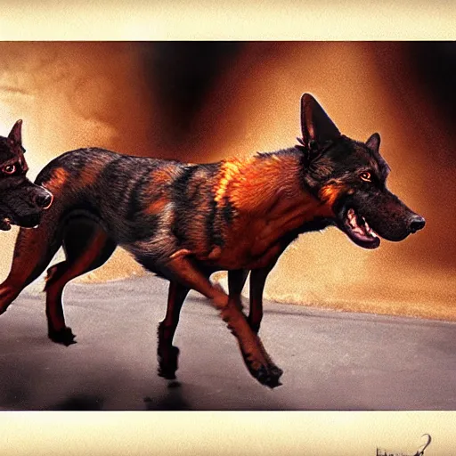 Image similar to hellhounds, color film, photorealistic,