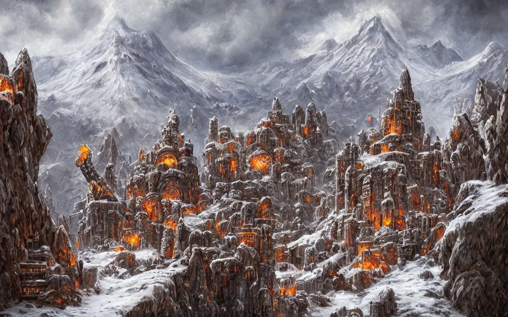 Prompt: an epic fantasy matte oil landscape painting of a dwarven fortress at the edge of a snowy mountain, covered in runes, with lava rivers, steel infrastructure, deep halls, torches, waterwheels, ornate vibrant jewels, trading depots, extremely detailed, sharp focus