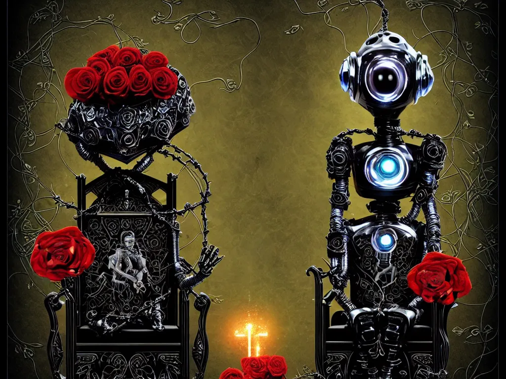 Image similar to robot helmet on a throne, roses with vines dripping black liquid, tarot card with ornate border frame, ornamented flowing jewelry, 4k, trending on artstation, hyper realistic, photorealistic, volumetric lighting, in the style of michael cheval,