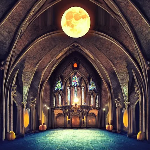 Prompt: large gothic hall with a large pumpkin on the ceiling, moonlight, art station, detailed, colorful, symmetrical