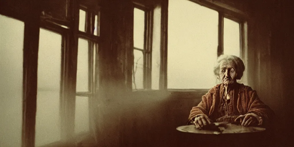 Prompt: portrait bust of old woman sitting at table, hands in pockets, looking outside, tired expression, faded color film, russian cinema, tarkovsky, technicolor, inside old cabin, next to window, heavy forest outside, long brown hair, old clothing, heavy fog, brown color palette, sunset, low light, hudson river school, 4 k, dramatic lighting