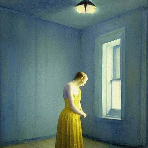 Prompt: close up of a girl in a blue and gold haunted liminal abandoned room, watercolor by hammershøi, art noveau, highly detailed, lights by edward hopper, liminal, eerie, bright pastel colors