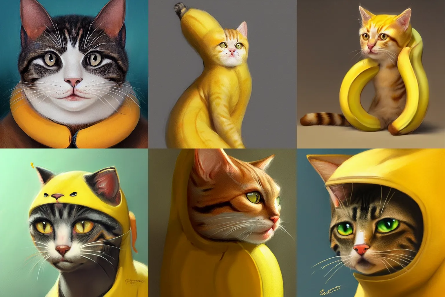 Prompt: cat in a banana costume, digital painting, highly detailed, artstation, concept art, smooth, sharp focus, illustration, art by artgerm and greg Rutkowski