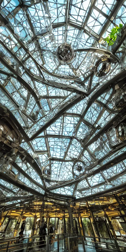 Prompt: a futuristic steampunk science laboratory, building made of huge glass panes ornate posts and beams and futuristic architecture, built in the middle of a lush tropical rainforest, realistic afternoon lighting, shot with a canon 20mm lens