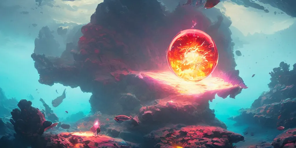 Prompt: centred fireball exploding underwater, bright fantasy magic, pink crystal caverns, gorgeous lighting, movie composition, octane render, art by greg rutkowski