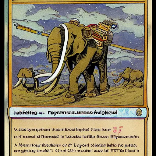 Image similar to ancient psychic tandem war elephant with shotguns for tusks