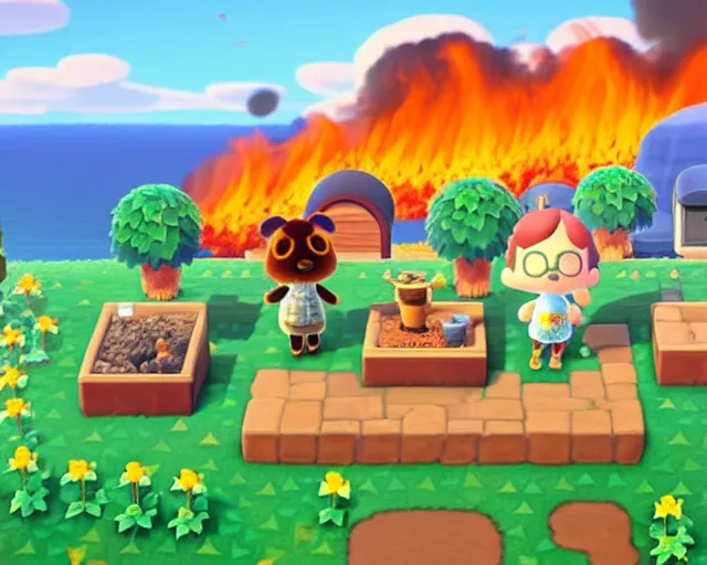 Prompt: animal crossing village on fire, sylvain sarrailh