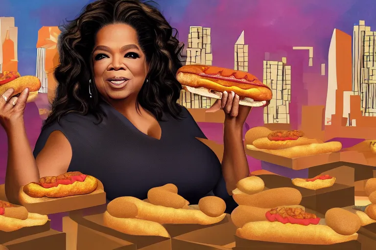 Image similar to oprah winfrey holding a hotdog, surrounded by homeless people, cardboard city, hyper realistic, 8 k, ethereal details, high resolution, cinematic lighting