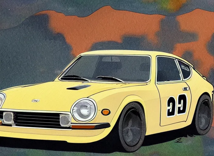 Image similar to 1970 Datsun 240Z in the style of Ken Sugimori