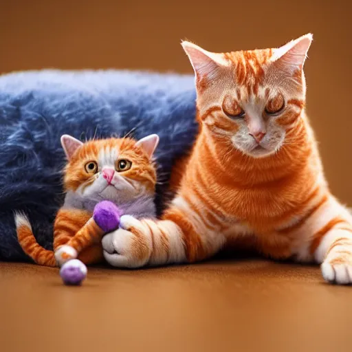 Image similar to tiny adorable purple fantasy dragon cuddles an orange tabby cat, realistic, orange tabby cuddles purple dragon, award - winning photography