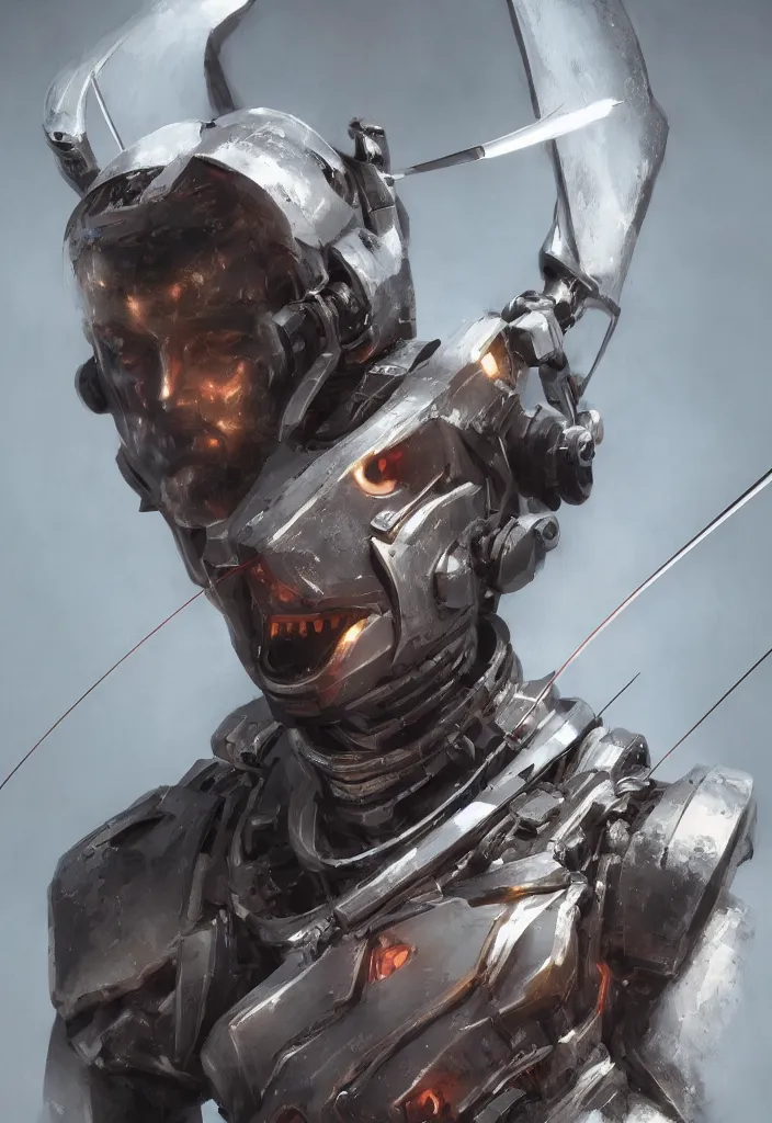 Image similar to a close up fancy portrait of a male robot with a bow and arrow by greg rutkowski, sung choi, mitchell mohrhauser, maciej kuciara, johnson ting, maxim verehin, peter konig, 8 k photorealistic, cinematic lighting, hd, high details, dramatic, dark atmosphere, trending on artstation