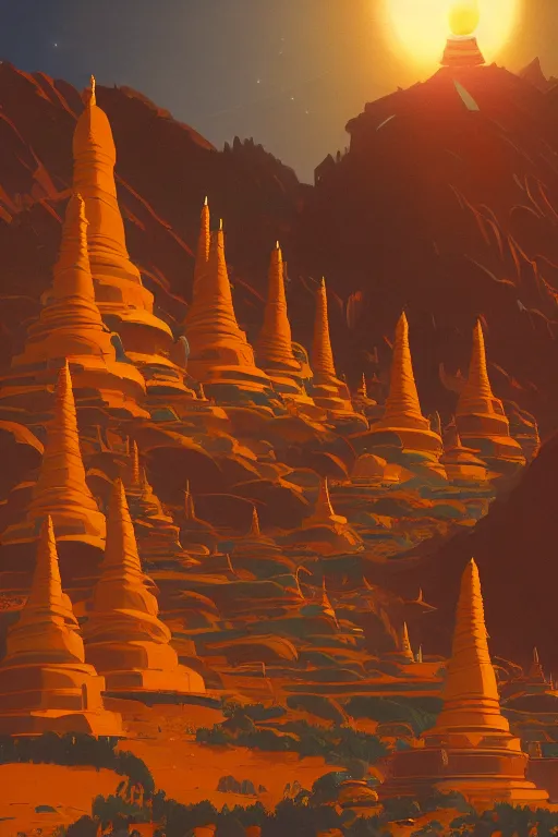 Image similar to tibetan stupas glowing orange in canyon, geometric lines in the sky, floating planets, dramatic lighting, artstation, matte painting, ralph mcquarrie, simon stalenhag