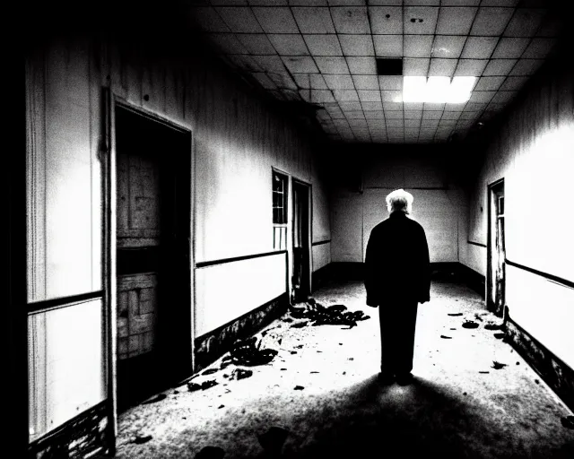 Image similar to creepy old man standing in the backrooms, the eerie forlorn atmosphere of a place that's usually bustling with people but is now abandoned and quiet, buzzing fluorescent lights above the ceiling, unsettling images, liminal space, dark,