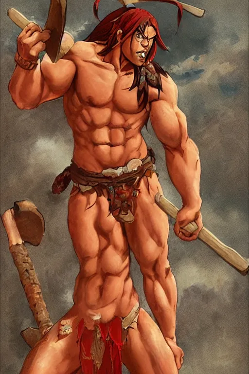 Image similar to muscular red skinned oni barbarian wearing a tattered loincloth and holding two axes, detailed, portrait, makoto shinkai