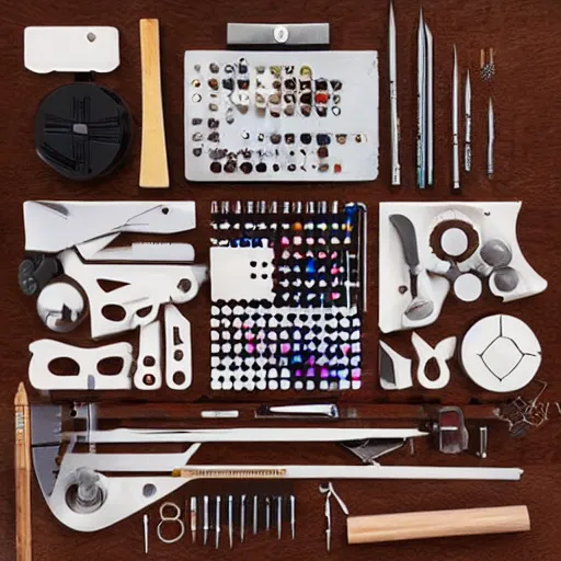 Prompt: a knolling of artist tools by artgerm