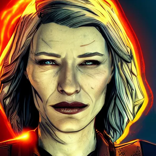 Image similar to cate blanchett portrait, borderlands, tales from the borderlands, the wolf among us, comic, cinematic lighting, studio quality, 8 k