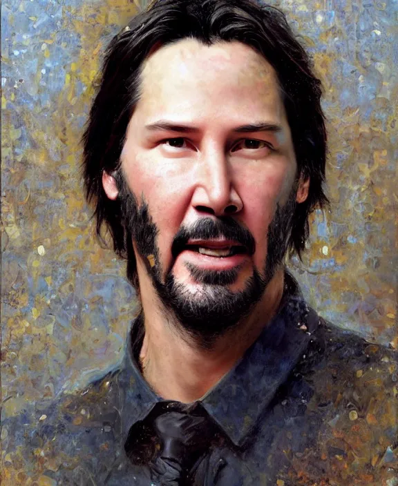 Image similar to portrait of keanu reeves, joyful, highly detailed painting by gaston bussiere, craig mullins, j. c. leyendecker 8 k,