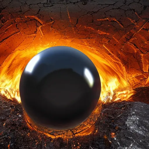 Image similar to A giant shiny black sphere, crashed in the ground, cracks, gas fire, viewed from the side, hd photograph