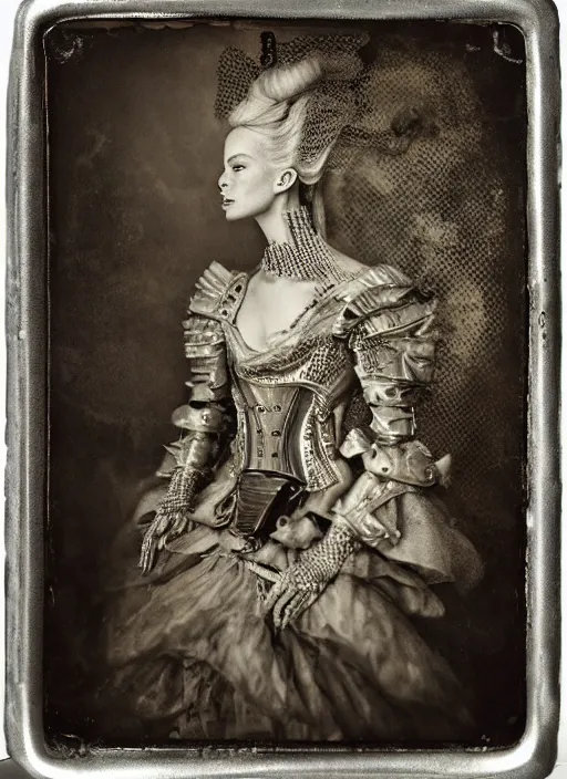 Prompt: old wetplate daguerreotype portrait of a futuristic silver armored marie antoinette cyborg, fractal, intricate, elegant, highly detailed, subsurface scattering, by jheronimus bosch and greg rutkowski and louis jacques mande daguerre