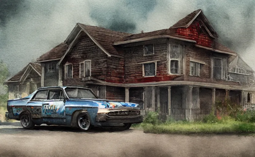 Image similar to a watercolor painting of a chevrolet opala parked near a 1 9 0 0 s house, digital painting, masterpiece, hyperrealistic, concept art, trending on deviantart, highly detailed, high quality, 4 k, symmetrical, low contrast, watercolor, warm, soft lighting, path traced, godrays, vintage, soft colors