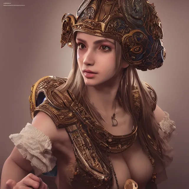 Prompt: studio portrait of neutral good colorful female cleric bard healer as absurdly beautiful, elegant, realistic young gravure idol, an ultrafine hyperdetailed illustration by irakli nadar, intricate linework, detailed faces, super sharp focus, bright colors, octopath traveler, final fantasy, unreal engine 5 highly rendered, global illumination, radiant light