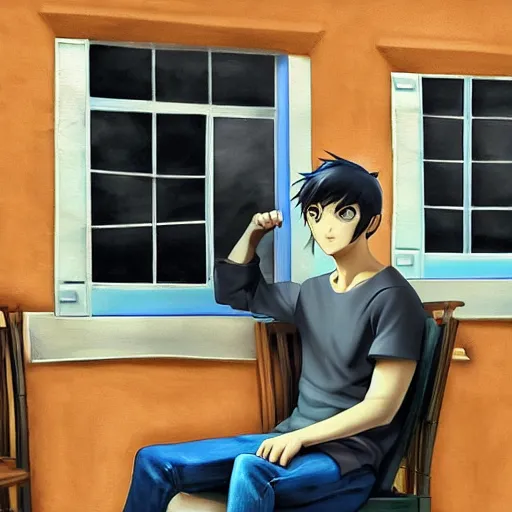 Image similar to a male teenager sitting on a cafe and looking to a window, artgerm, anime style, pixar and disney style, path traced, color painting, anatomically correct, cinematic, high coherence, highly detailed, high quality, serene scene, colorful, symmetrical, beautiful, elegant, short black hair, vintage, realistic and detailed face