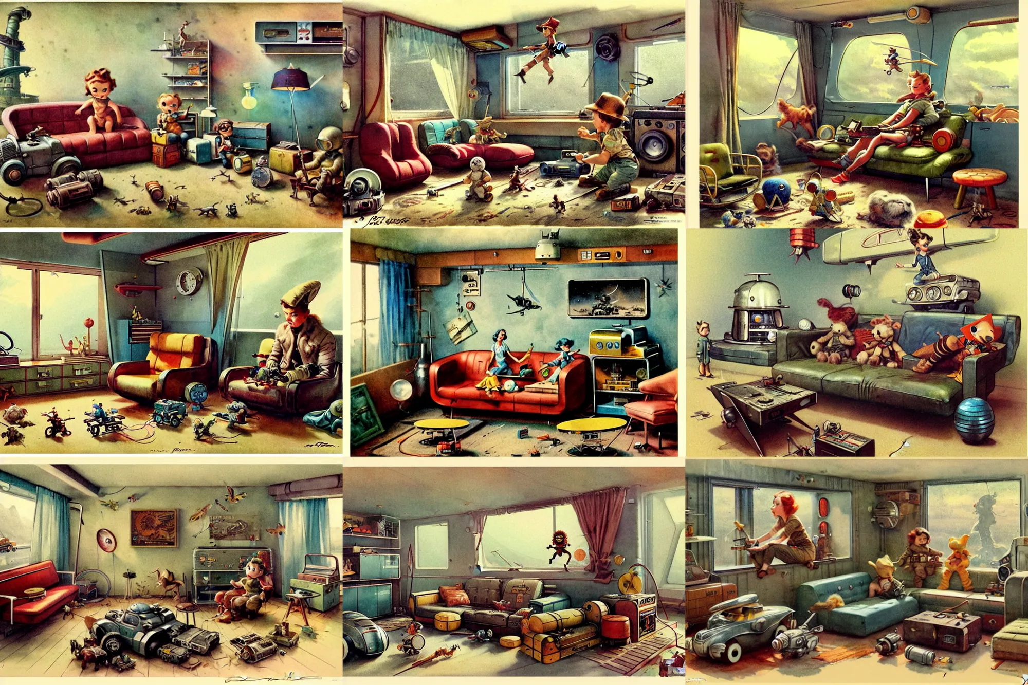 Prompt: adventurer ( 1 9 5 0 s retro future living room. muted colors. toys laying around ) by jean baptiste monge, chrome red