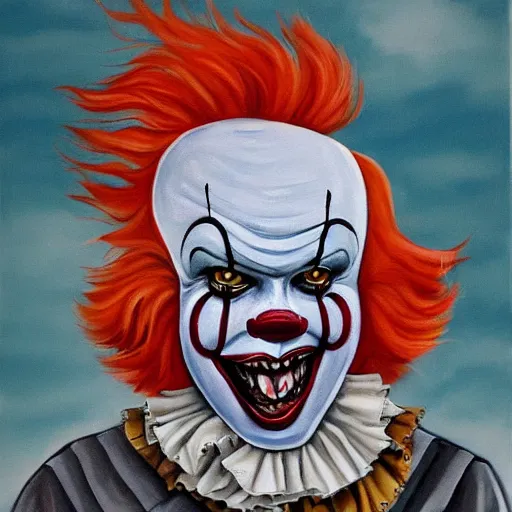 Image similar to Painting of dirty homeless Pennywise in scrappy clothing, by James Earley