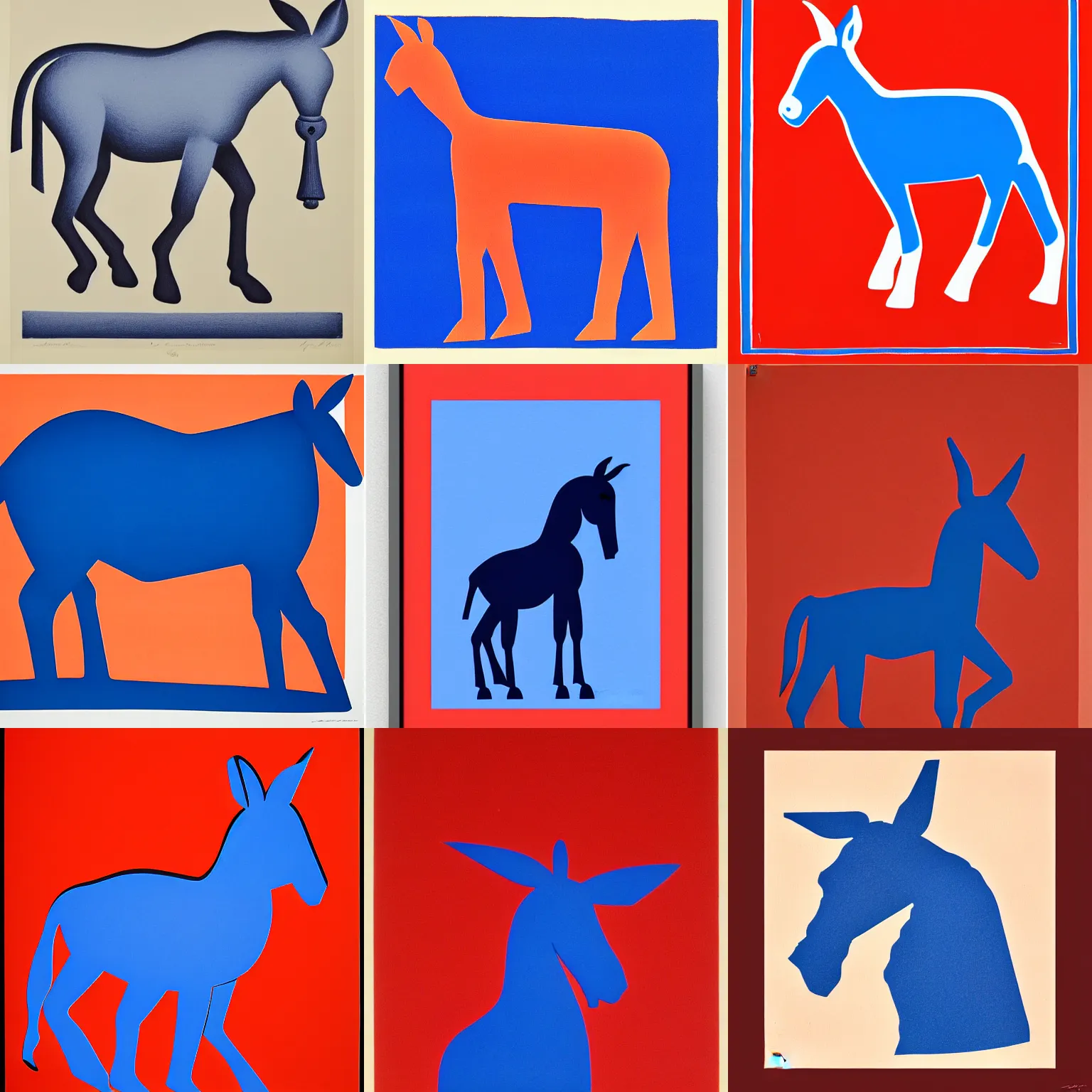 Prompt: lithograph of donkey!! cycladic sculpture, simplified, silhouette, full body, solid colors, block print, iconic, side view, centered, white background, ultramarine blue! and [ red iron oxide ]!