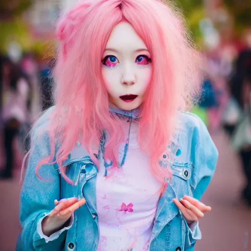 Image similar to happy anime girl, messy curly pastel hair, harajuku fashion, clear clean face, face by lya kushinov, Avetetsuya Studios