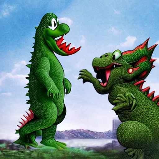 Image similar to yoshi vs godzilla